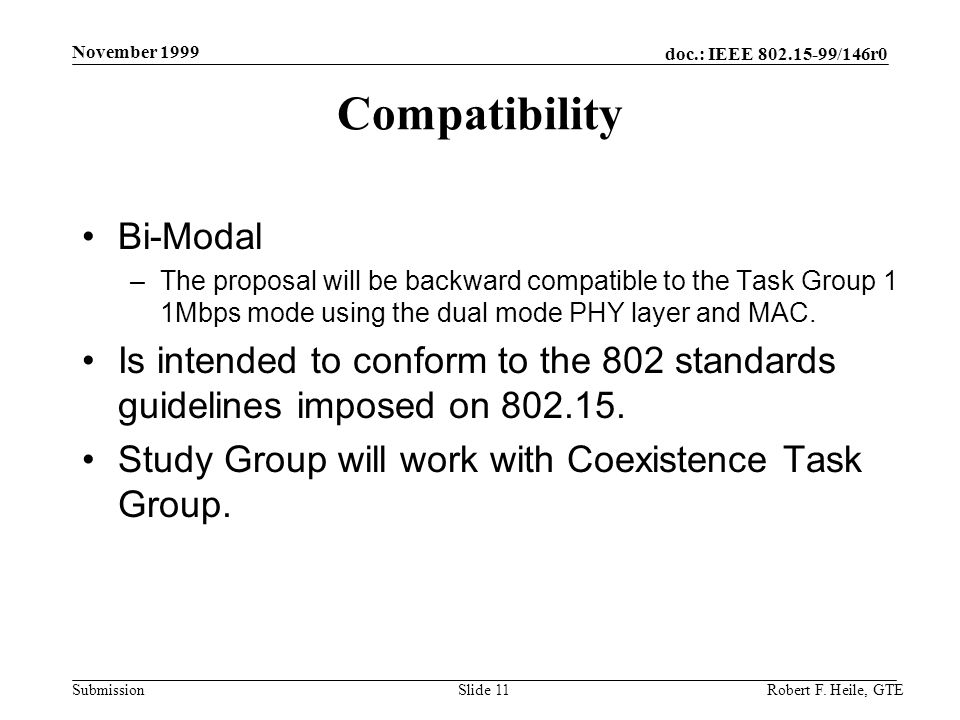 doc.: IEEE /146r0 Submission November 1999 Robert F.