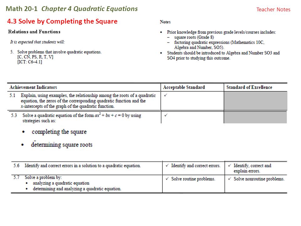 Math 20 1 Chapter 4 Quadratic Equations 3 Solve By Completing 1 Math 20 Chapter 4 Quadratic Equations 3 Solve By Completing The Square Teacher Notes