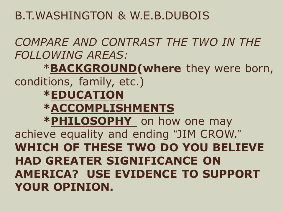 B.T.WASHINGTON & W.E.B.DUBOIS COMPARE AND CONTRAST THE TWO IN THE FOLLOWING AREAS: *BACKGROUND(where they were born, conditions, family, etc.) *EDUCATION *ACCOMPLISHMENTS *PHILOSOPHY on how one may achieve equality and ending JIM CROW. WHICH OF THESE TWO DO YOU BELIEVE HAD GREATER SIGNIFICANCE ON AMERICA.