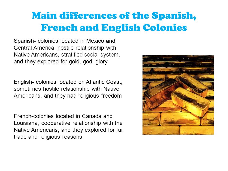 political differences between french spanish and english colonies Spanish & english colonization processes (1450-1800) were similar and different: political: both had specific governing system spain's was council of indies. political differences between french spanish and english colonies Spanish & english colonization processes (1450-1800) were similar and different: political: both had specific governing system spain's was council of indies.