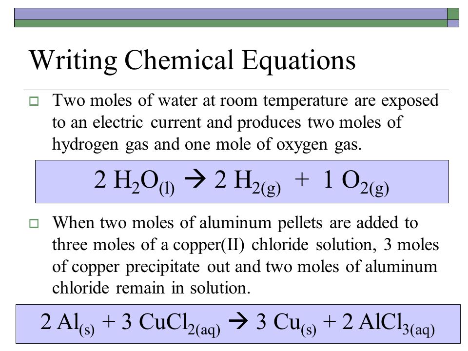 writing equations chemistry Balancing equations the chemical equation described in section 41 is balanced, meaning that equal numbers of atoms for each element involved in the reaction are represented on the reactant and product sides. writing equations chemistry Balancing equations the chemical equation described in section 41 is balanced, meaning that equal numbers of atoms for each element involved in the reaction are represented on the reactant and product sides.