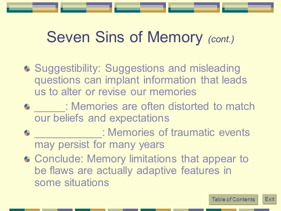 chapter 9 memory table of contents exit memory some key terms the inability to remember past events is as the inability to form new memories is