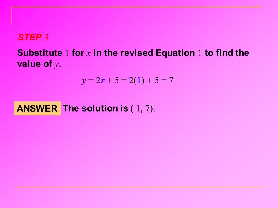 Substitute 1 for x in the revised Equation 1 to find the value of y.