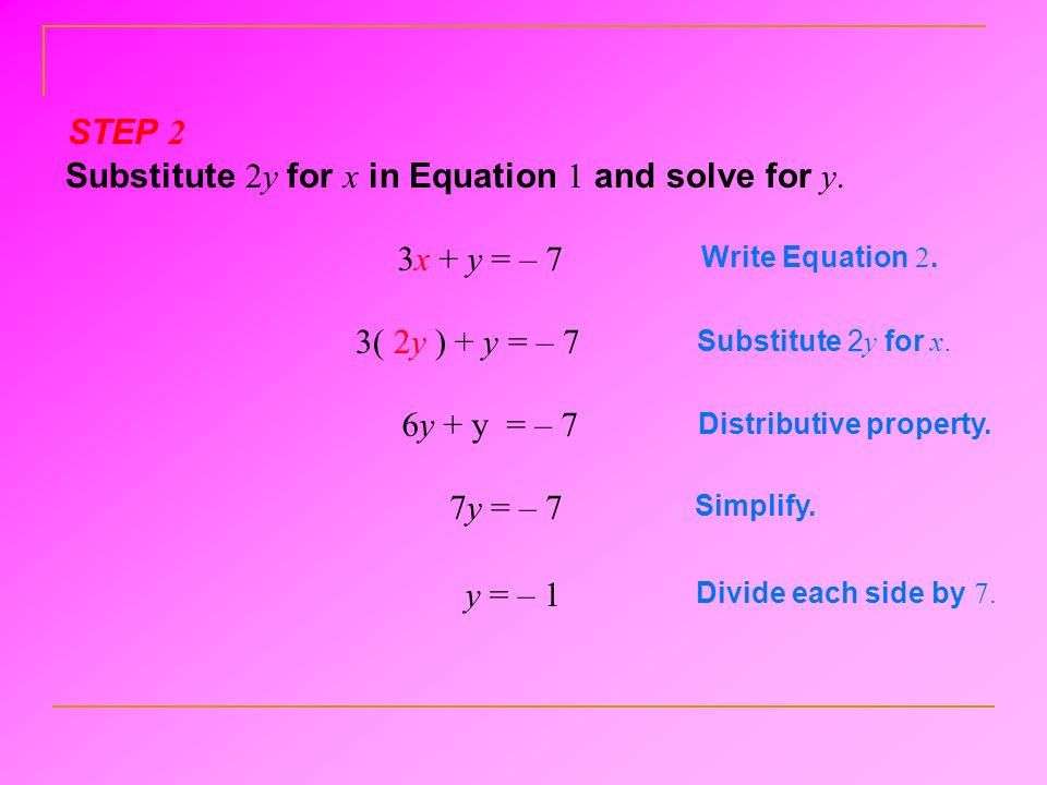 Substitute 2y for x in Equation 1 and solve for y.