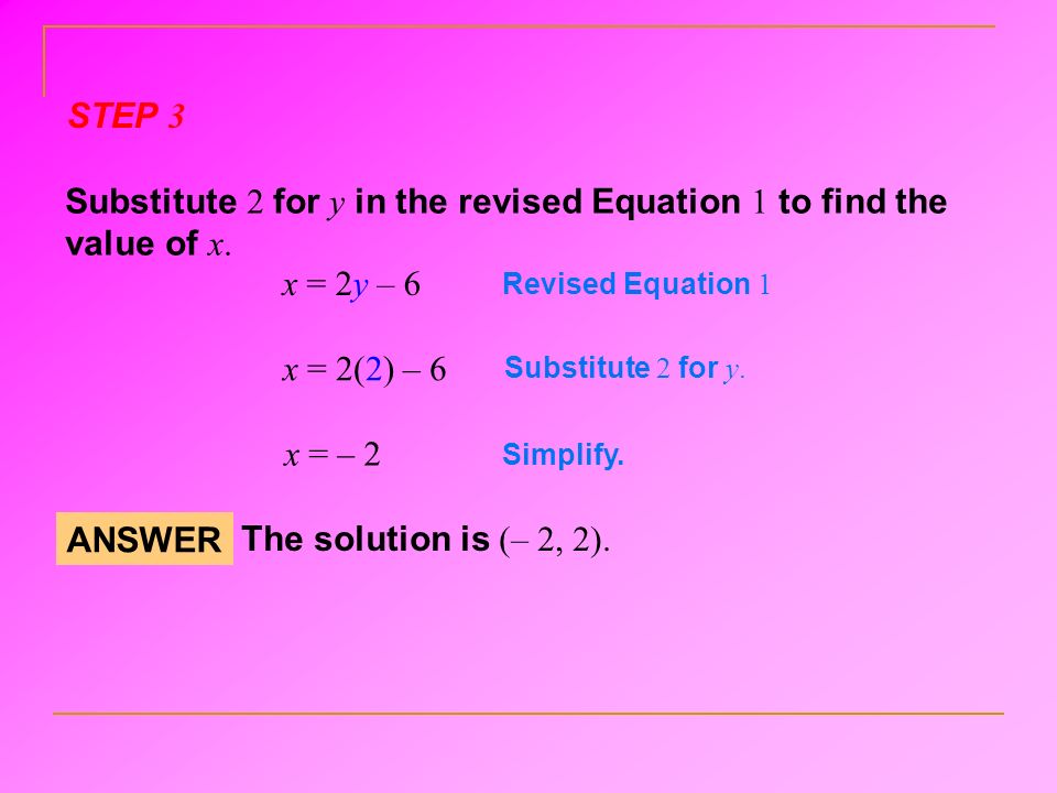 Substitute 2 for y in the revised Equation 1 to find the value of x.