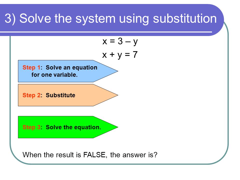 3) Solve the system using substitution x = 3 – y x + y = 7 Step 1: Solve an equation for one variable.