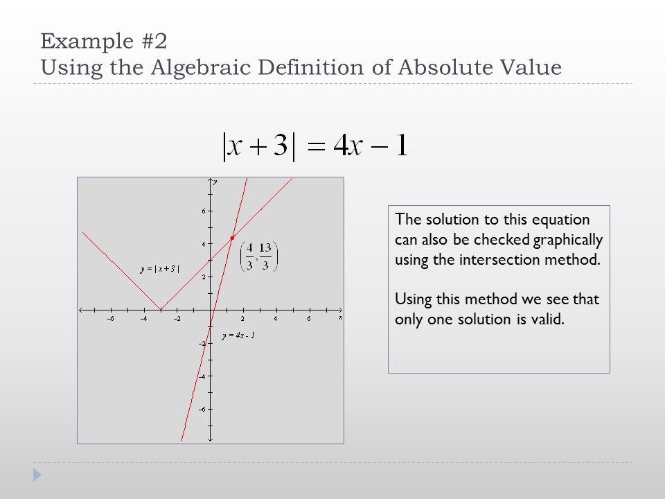 2 4 Other Types Of Equations Objectives 1 Solve Absolute Value Example 2 Using The Algebraic Definition Of Absolute Value Solution To This Equation Can