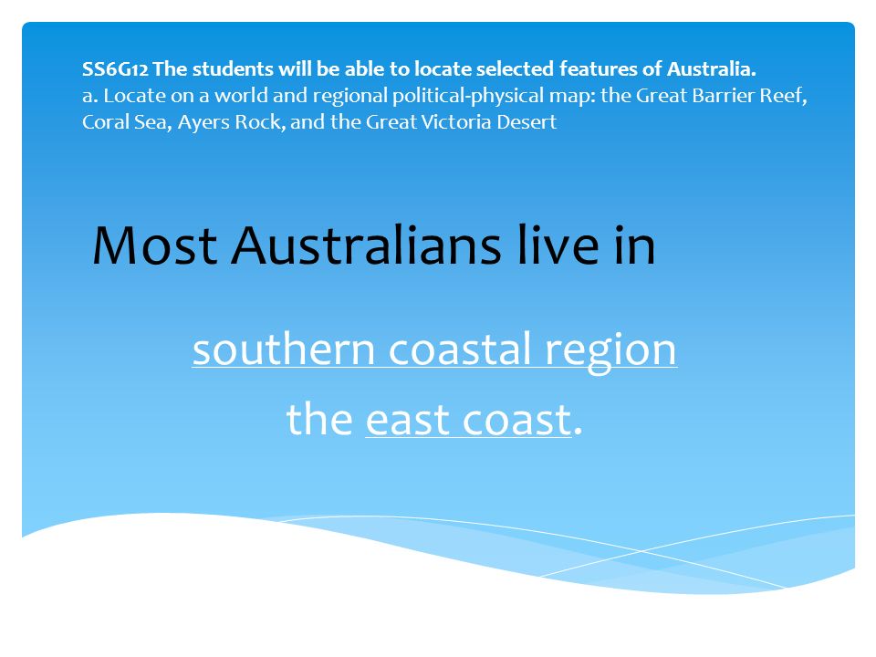 SS6G12 The students will be able to locate selected features of Australia.
