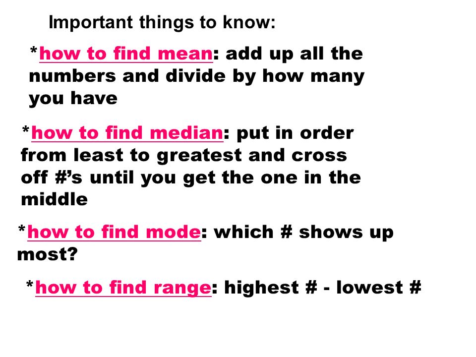 Important things to know: *how to find mean: add up all the numbers and divide by how many you have *how to find median: put in order from least to greatest and cross off #’s until you get the one in the middle *how to find mode: which # shows up most.