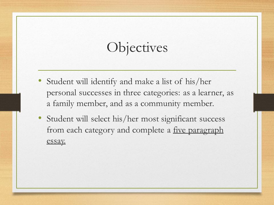 Objectives Student will identify and make a list of his/her personal successes in three categories: as a learner, as a family member, and as a community member.