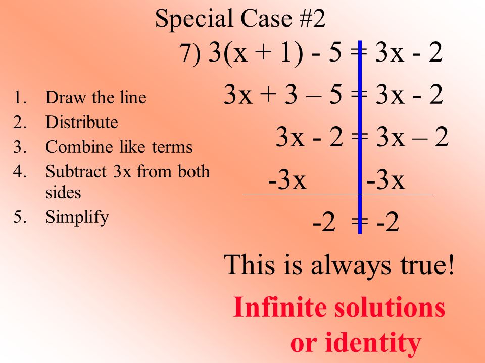 Special Case #2 7) 3(x + 1) - 5 = 3x - 2 3x + 3 – 5 = 3x - 2 3x - 2 = 3x – 2 -3x -3x -2 = -2 This is always true.