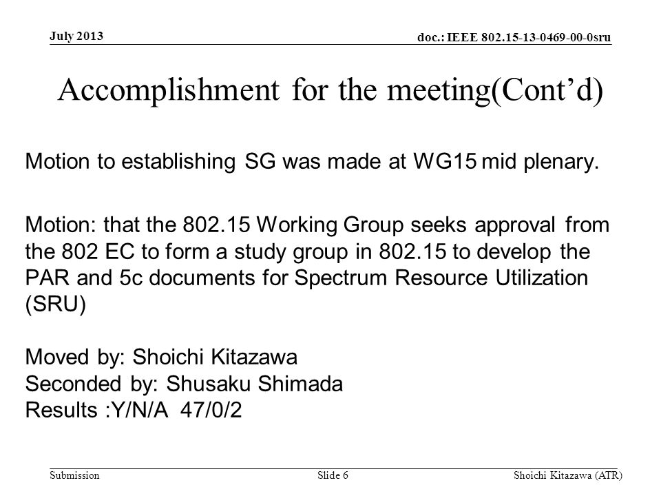 doc.: IEEE sru Submission Accomplishment for the meeting(Cont’d) Motion to establishing SG was made at WG15 mid plenary.