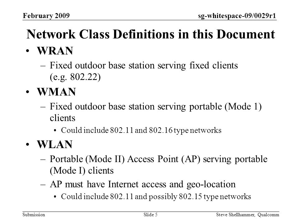sg-whitespace-09/0029r1 Submission February 2009 Steve Shellhammer, QualcommSlide 5 Network Class Definitions in this Document WRAN –Fixed outdoor base station serving fixed clients (e.g.