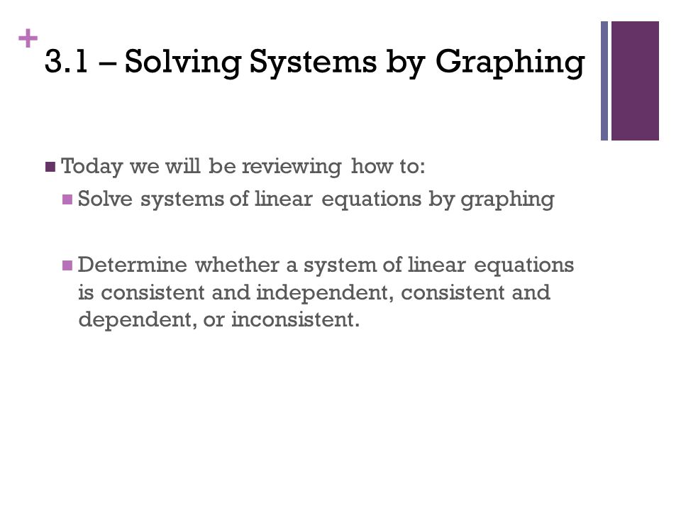 + Today we will be reviewing how to: Solve systems of linear equations by graphing Determine whether a system of linear equations is consistent and independent, consistent and dependent, or inconsistent.