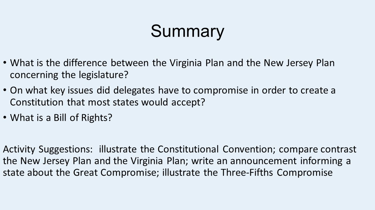 what was the great compromise the virginia plan and the new jersey plan Under the articles of confederation, investigate the two proposals (virginia and new jersey plans) for a new arrangement, and analyze the role of the connecticut plan and great compromise in the development of the united states constitution by completing this inquiry, students will begin to understand the importance of compromise in. what was the great compromise the virginia plan and the new jersey plan Under the articles of confederation, investigate the two proposals (virginia and new jersey plans) for a new arrangement, and analyze the role of the connecticut plan and great compromise in the development of the united states constitution by completing this inquiry, students will begin to understand the importance of compromise in.