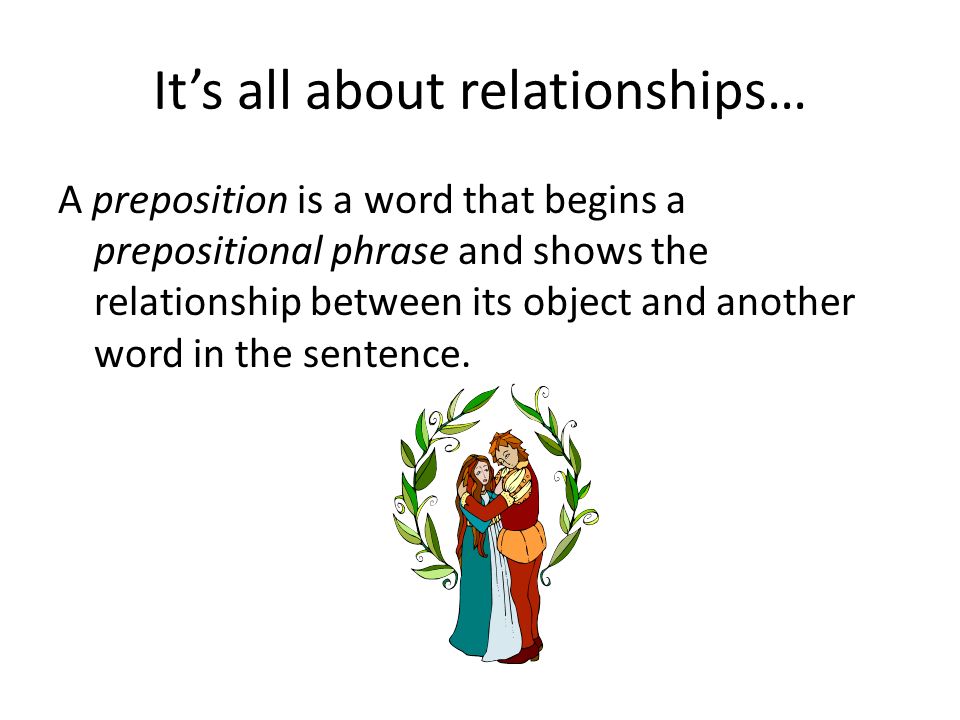 It’s all about relationships… A preposition is a word that begins a prepositional phrase and shows the relationship between its object and another word in the sentence.