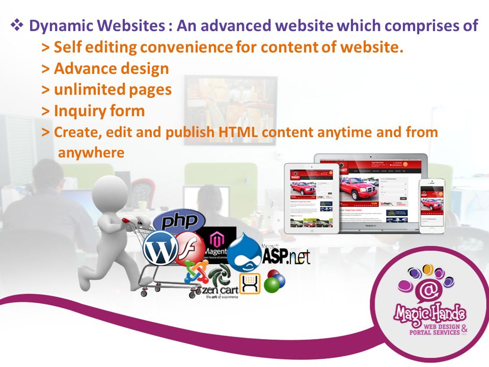  Dynamic Websites : An advanced website which comprises of > Self editing convenience for content of website.