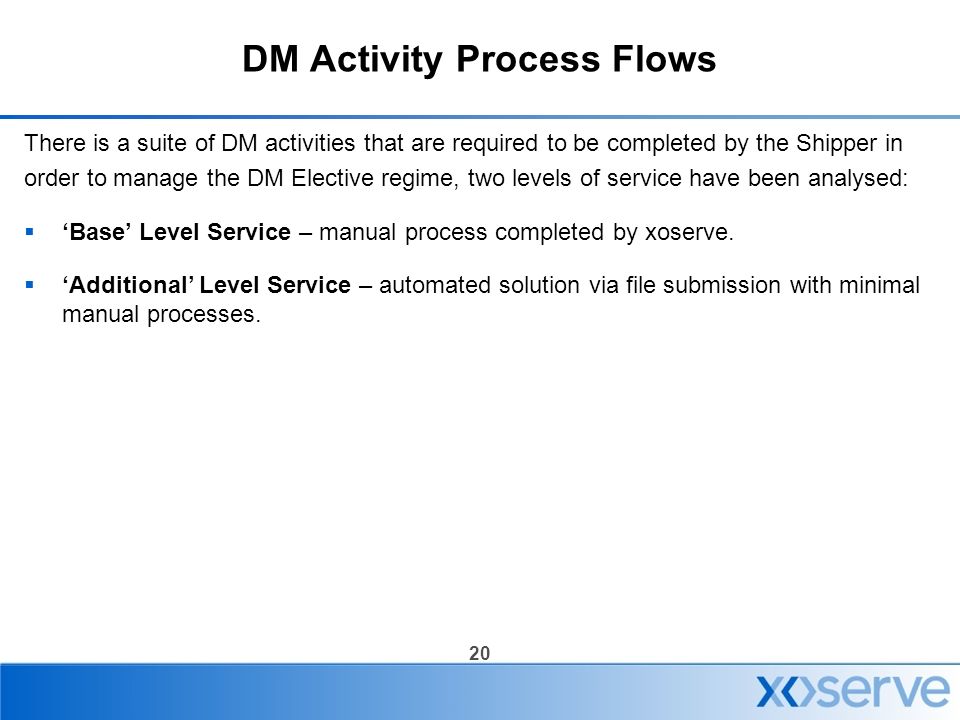 20 DM Activity Process Flows There is a suite of DM activities that are required to be completed by the Shipper in order to manage the DM Elective regime, two levels of service have been analysed:  ‘Base’ Level Service – manual process completed by xoserve.