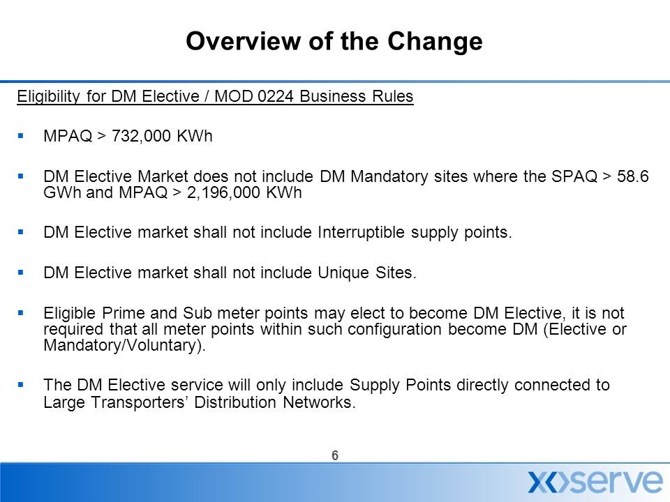 6 Overview of the Change Eligibility for DM Elective / MOD 0224 Business Rules  MPAQ > 732,000 KWh  DM Elective Market does not include DM Mandatory sites where the SPAQ > 58.6 GWh and MPAQ > 2,196,000 KWh  DM Elective market shall not include Interruptible supply points.