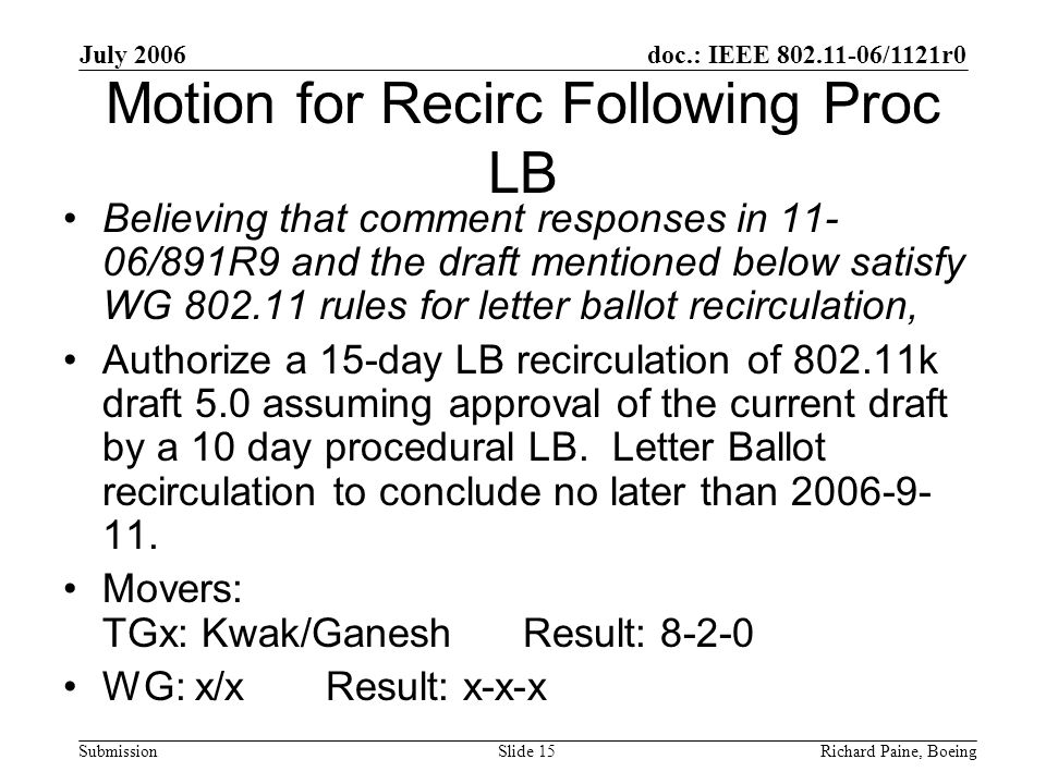 July 2006 Richard Paine, BoeingSlide 15 doc.: IEEE /1121r0 Submission Motion for Recirc Following Proc LB Believing that comment responses in /891R9 and the draft mentioned below satisfy WG rules for letter ballot recirculation, Authorize a 15-day LB recirculation of k draft 5.0 assuming approval of the current draft by a 10 day procedural LB.
