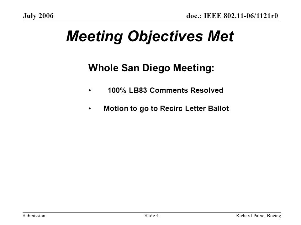 July 2006 Richard Paine, BoeingSlide 4 doc.: IEEE /1121r0 Submission Meeting Objectives Met Whole San Diego Meeting: 100% LB83 Comments Resolved Motion to go to Recirc Letter Ballot