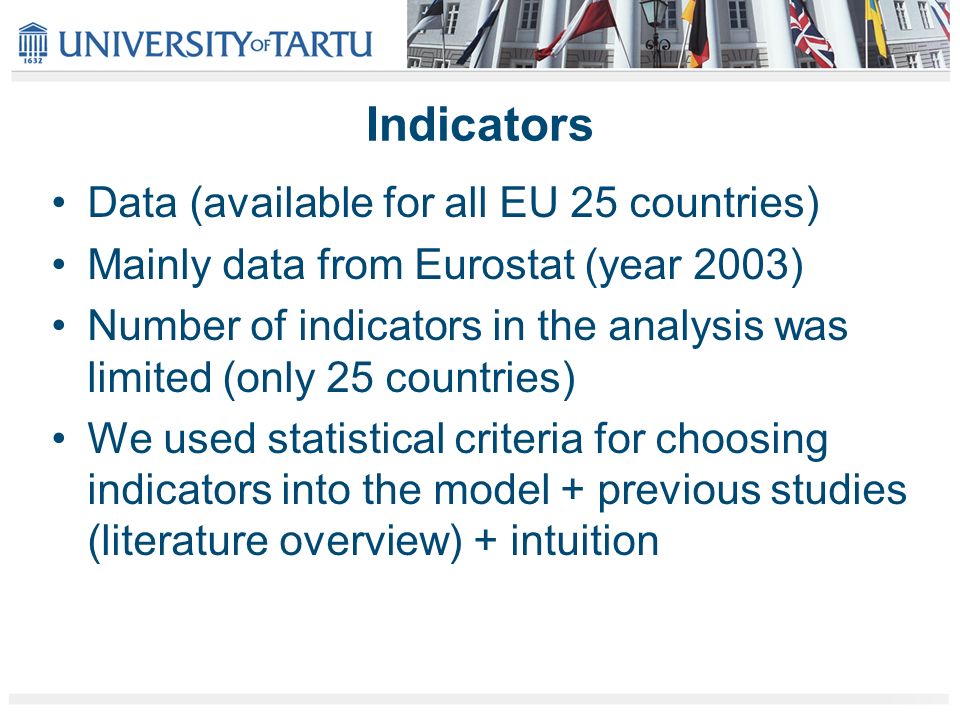 Indicators Data (available for all EU 25 countries) Mainly data from Eurostat (year 2003) Number of indicators in the analysis was limited (only 25 countries) We used statistical criteria for choosing indicators into the model + previous studies (literature overview) + intuition