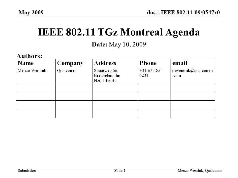 doc.: IEEE /0547r0 Submission May 2009 Menzo Wentink, QualcommSlide 1 IEEE TGz Montreal Agenda Date: May 10, 2009 Authors: