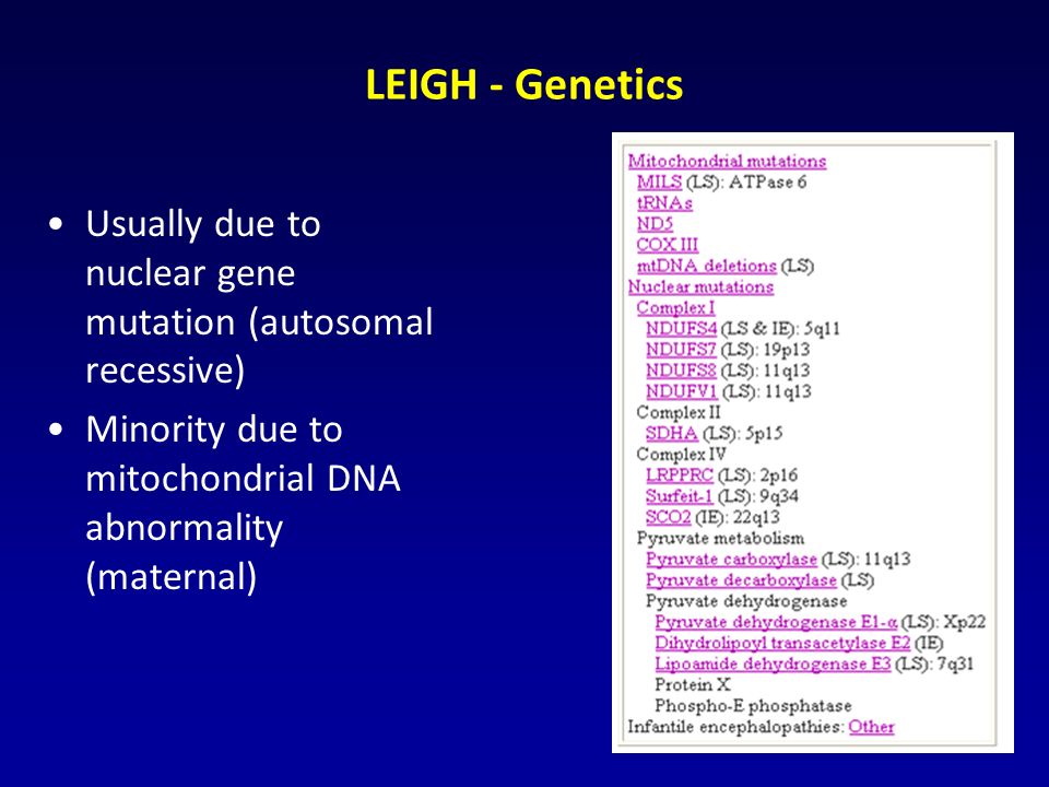 LEIGH - Genetics Usually due to nuclear gene mutation (autosomal recessive) Minority due to mitochondrial DNA abnormality (maternal)