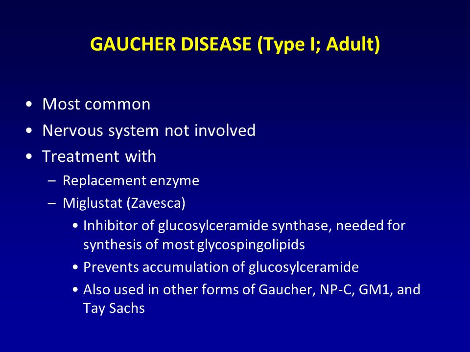 GAUCHER DISEASE (Type I; Adult) Most common Nervous system not involved Treatment with –Replacement enzyme –Miglustat (Zavesca) Inhibitor of glucosylceramide synthase, needed for synthesis of most glycospingolipids Prevents accumulation of glucosylceramide Also used in other forms of Gaucher, NP-C, GM1, and Tay Sachs