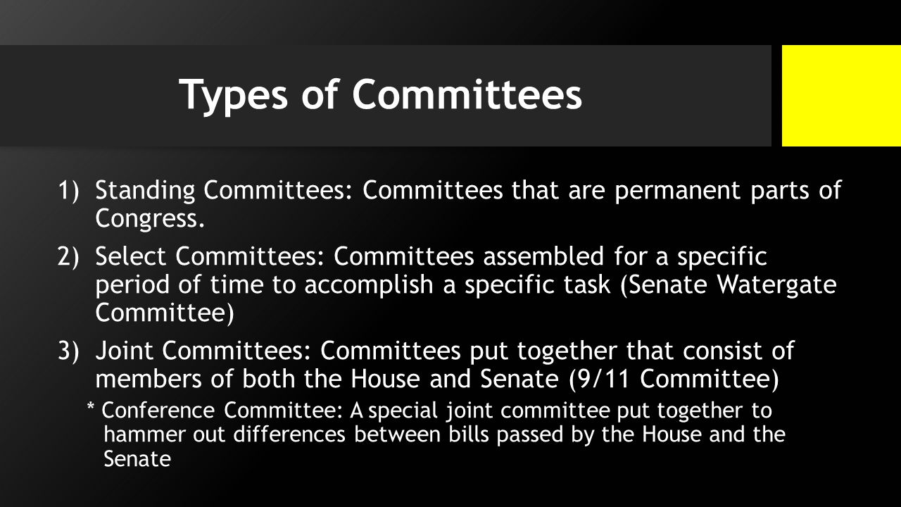 Types of Committees 1)Standing Committees: Committees that are permanent parts of Congress.