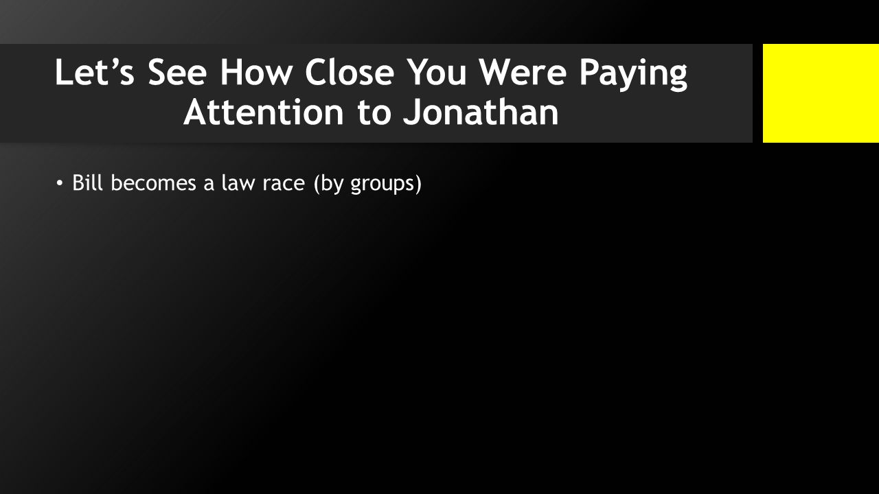 Let’s See How Close You Were Paying Attention to Jonathan Bill becomes a law race (by groups)