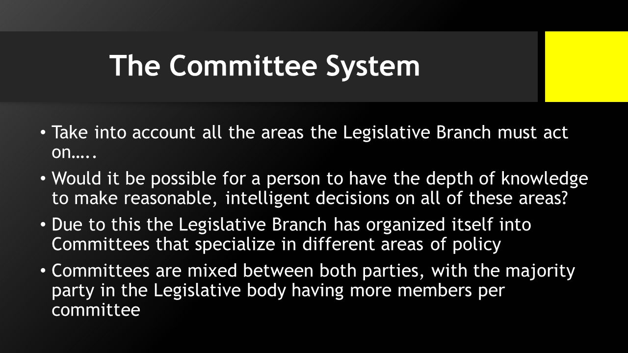 The Committee System Take into account all the areas the Legislative Branch must act on…..