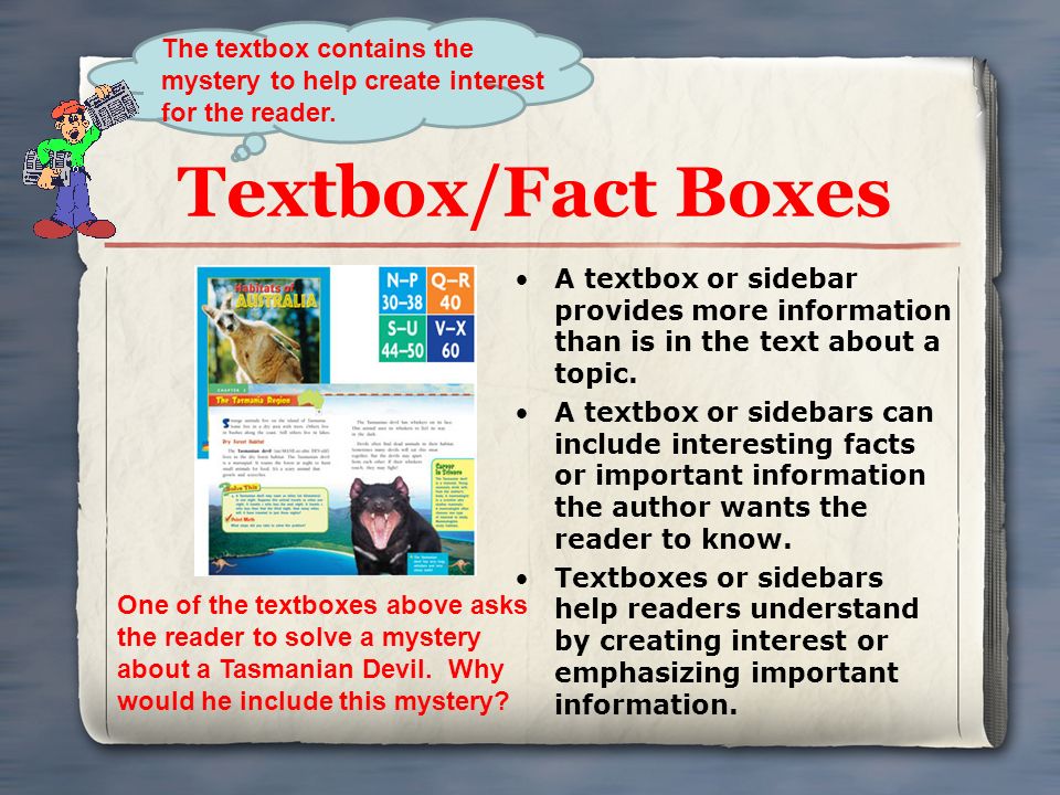 Textbox/Fact Boxes A textbox or sidebar provides more information than is in the text about a topic.
