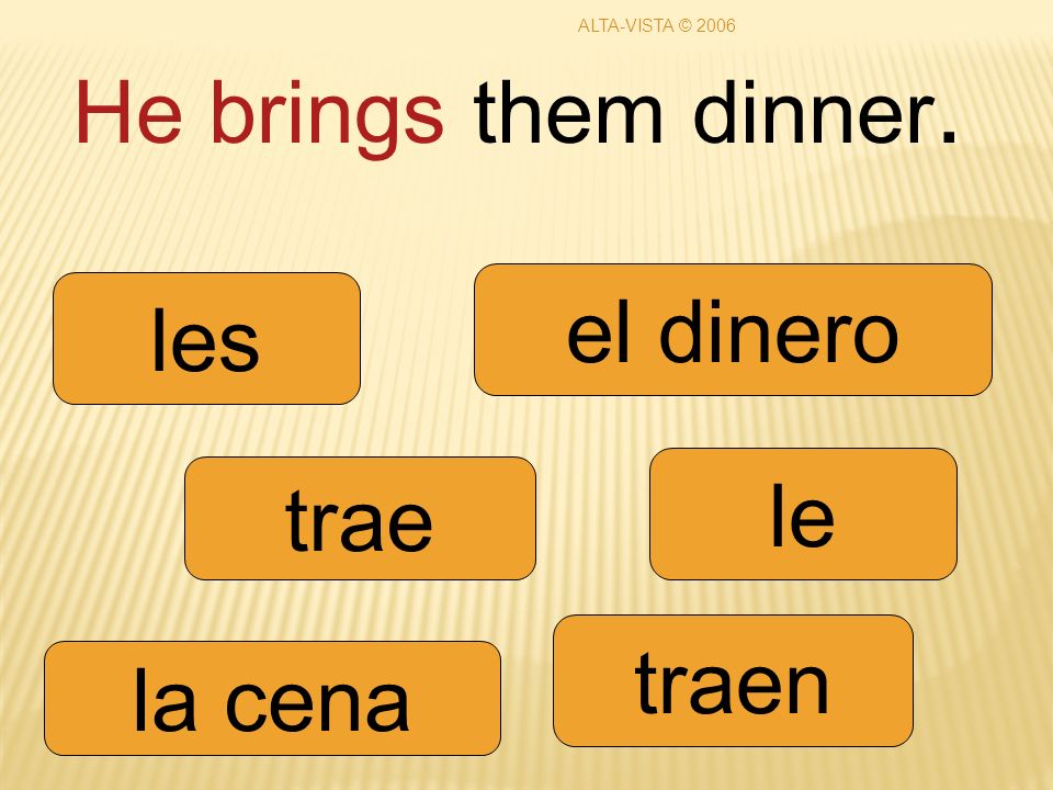 He brings them dinner. trae traen le les la cena el dinero ALTA-VISTA © 2006