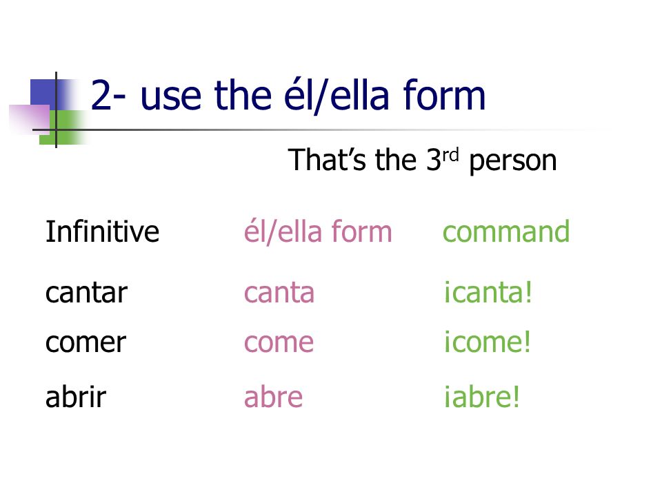 2- use the él/ella form Thats the 3 rd person Infinitiveél/ella formcommand cantarcanta¡canta.