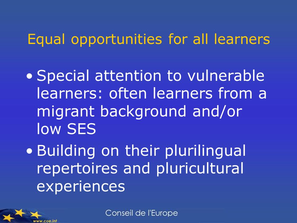 Equal opportunities for all learners Special attention to vulnerable learners: often learners from a migrant background and/or low SES Building on their plurilingual repertoires and pluricultural experiences