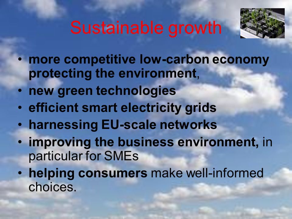 Sustainable growth more competitive low-carbon economy protecting the environment, new green technologies efficient smart electricity grids harnessing EU-scale networks improving the business environment, in particular for SMEs helping consumers make well-informed choices.