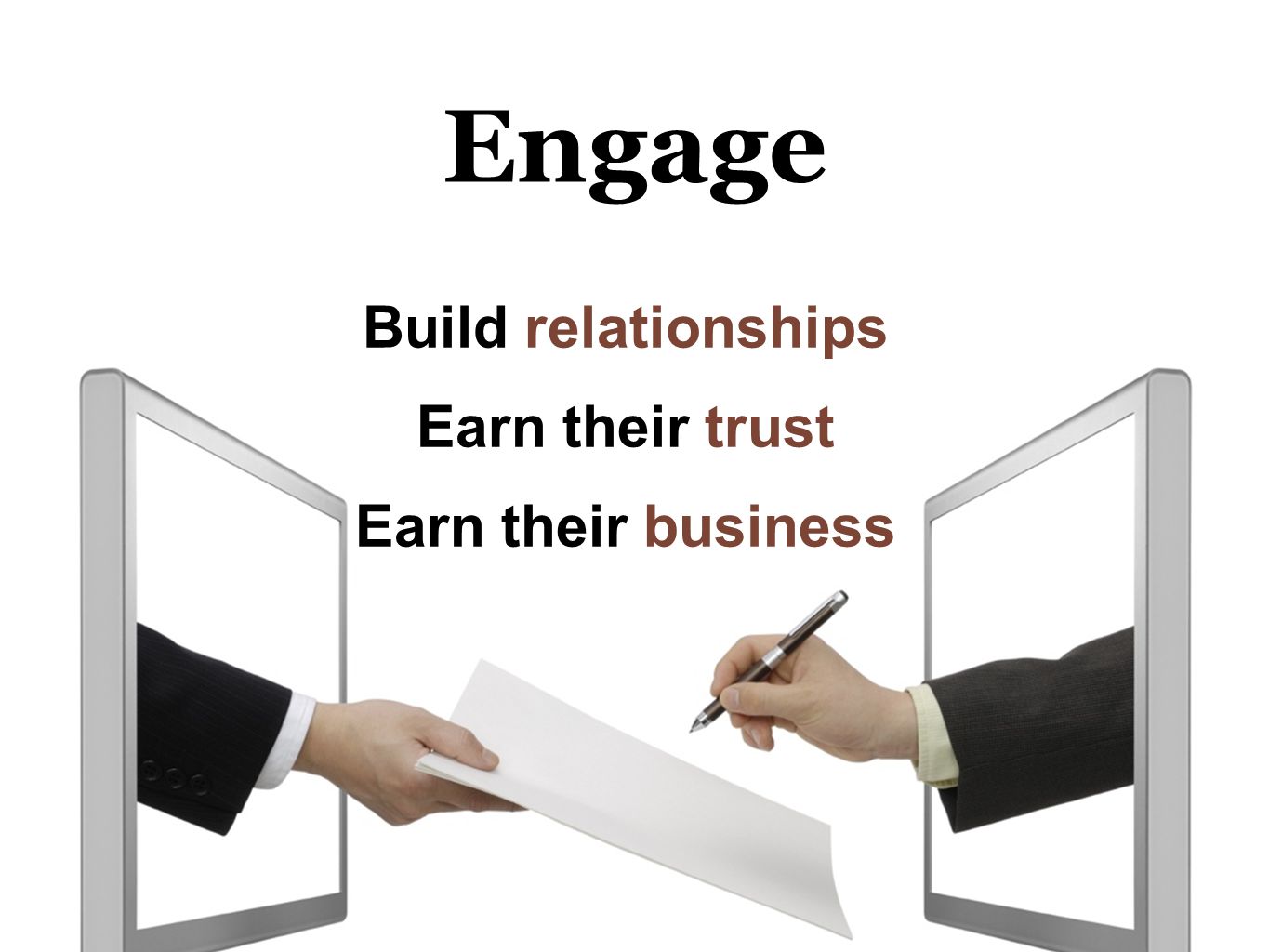 Engage Build relationships Earn their trust Earn their business