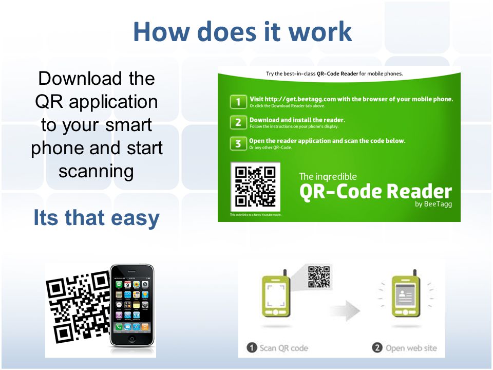 How does it work Download the QR application to your smart phone and start scanning Its that easy