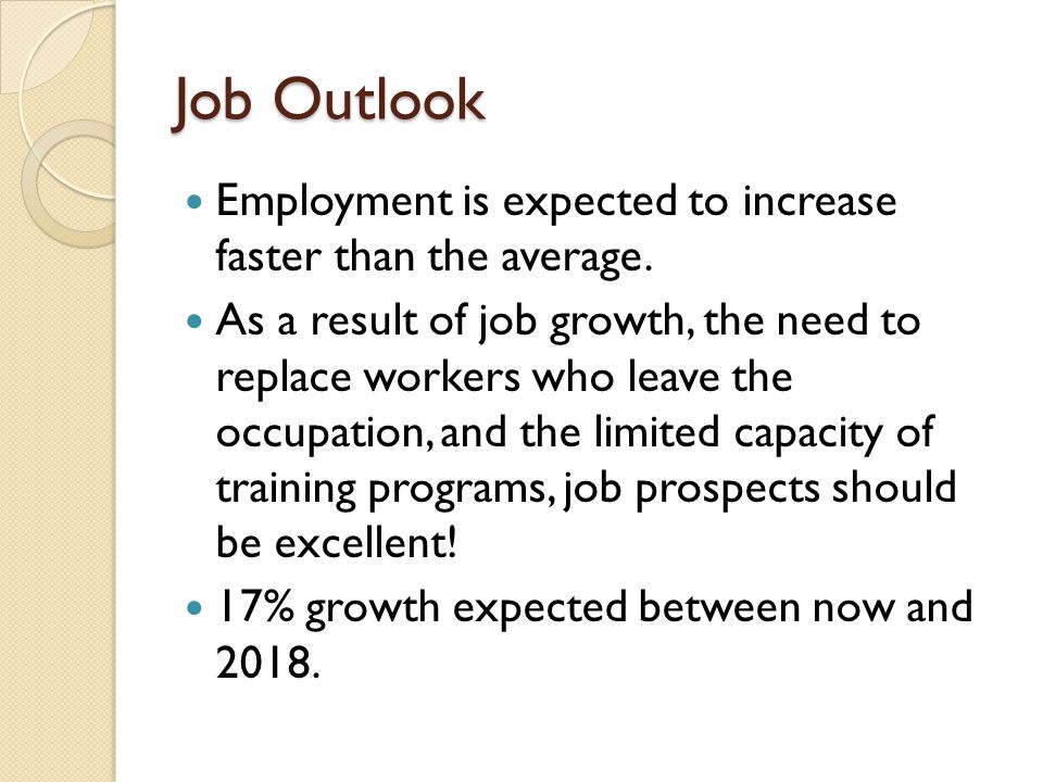 Job Outlook Employment is expected to increase faster than the average.