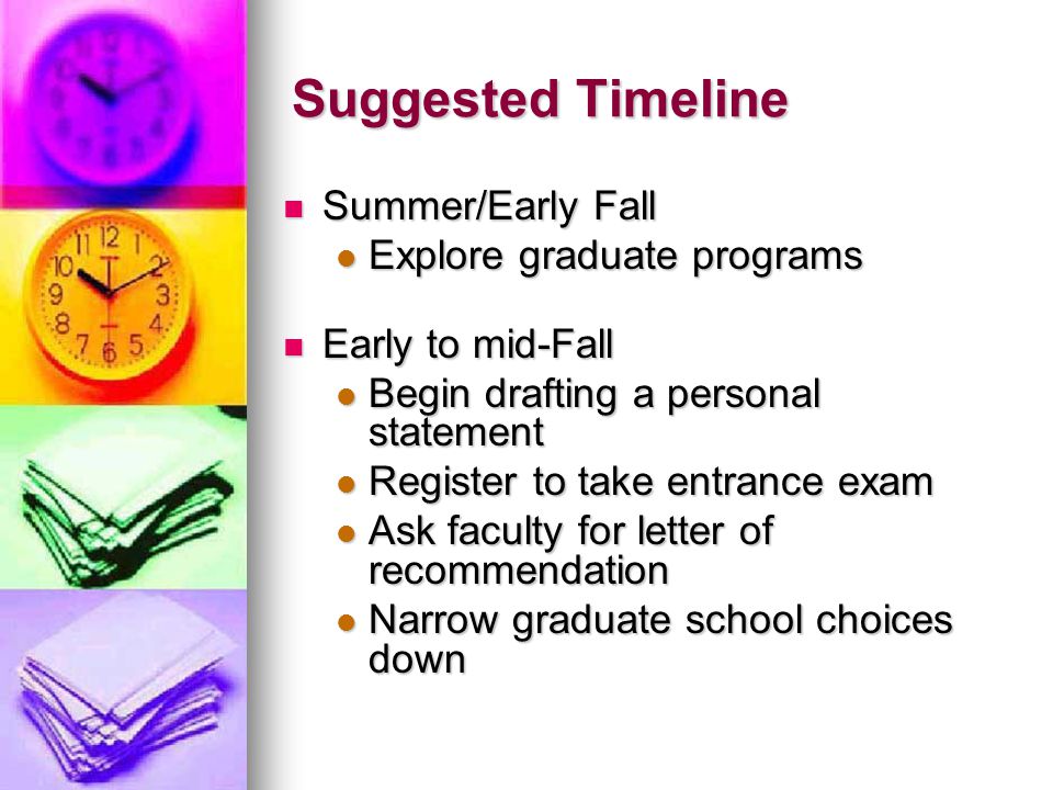 Suggested Timeline Summer/Early Fall Summer/Early Fall Explore graduate programs Explore graduate programs Early to mid-Fall Early to mid-Fall Begin drafting a personal statement Begin drafting a personal statement Register to take entrance exam Register to take entrance exam Ask faculty for letter of recommendation Ask faculty for letter of recommendation Narrow graduate school choices down Narrow graduate school choices down