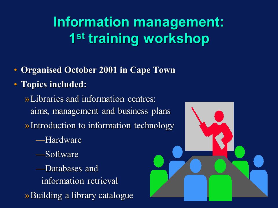 Information management: 1 st training workshop Organised October 2001 in Cape TownOrganised October 2001 in Cape Town Topics included:Topics included: »Libraries and information centres: aims, management and business plans »Introduction to information technology HardwareHardware SoftwareSoftware Databases and information retrievalDatabases and information retrieval »Building a library catalogue Organised October 2001 in Cape TownOrganised October 2001 in Cape Town Topics included:Topics included: »Libraries and information centres: aims, management and business plans »Introduction to information technology HardwareHardware SoftwareSoftware Databases and information retrievalDatabases and information retrieval »Building a library catalogue