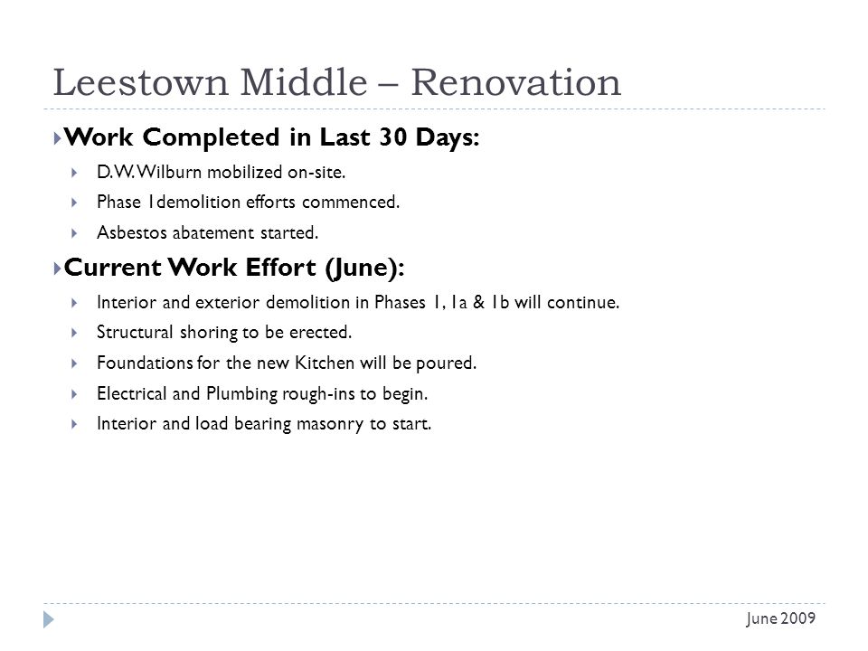Leestown Middle – Renovation Work Completed in Last 30 Days: D.W.