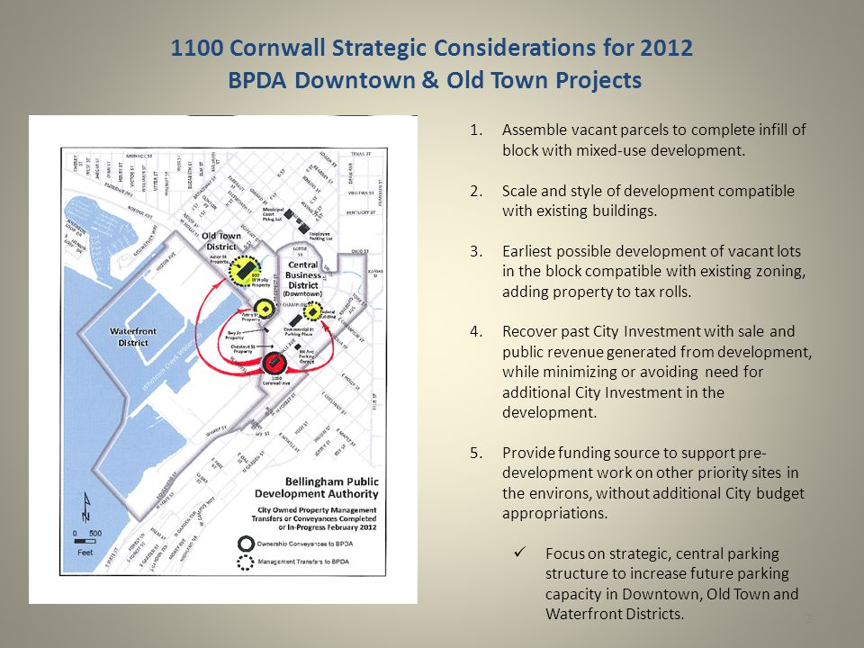 1100 Cornwall Strategic Considerations for 2012 BPDA Downtown & Old Town Projects 2 1.Assemble vacant parcels to complete infill of block with mixed-use development.