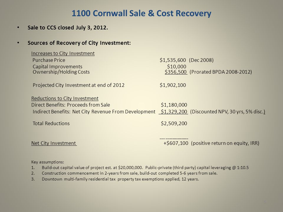 1100 Cornwall Sale & Cost Recovery Sale to CCS closed July 3, 2012.