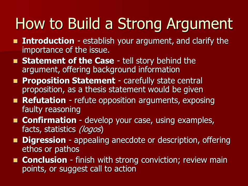 How to Build a Strong Argument Introduction - establish your argument, and clarify the importance of the issue.