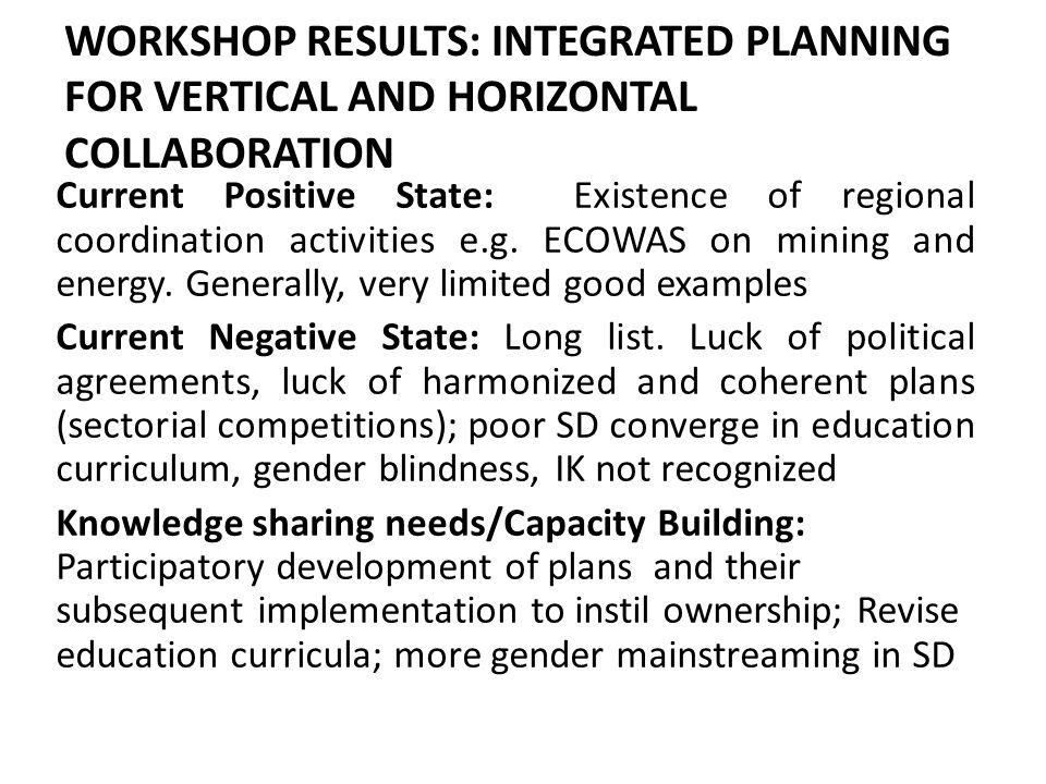 WORKSHOP RESULTS: INTEGRATED PLANNING FOR VERTICAL AND HORIZONTAL COLLABORATION Current Positive State: Existence of regional coordination activities e.g.