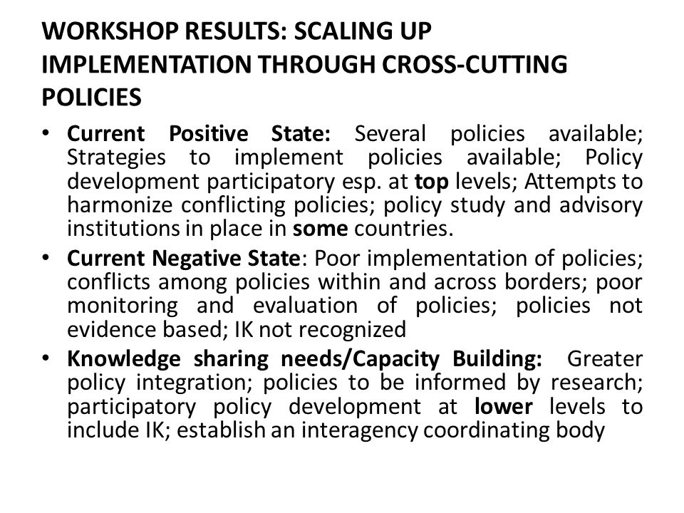 WORKSHOP RESULTS: SCALING UP IMPLEMENTATION THROUGH CROSS-CUTTING POLICIES Current Positive State: Several policies available; Strategies to implement policies available; Policy development participatory esp.
