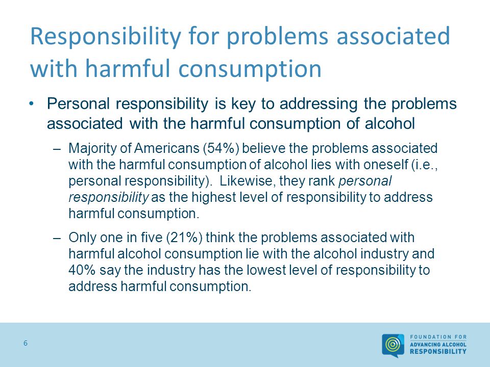 Responsibility for problems associated with harmful consumption 6 Personal responsibility is key to addressing the problems associated with the harmful consumption of alcohol –Majority of Americans (54%) believe the problems associated with the harmful consumption of alcohol lies with oneself (i.e., personal responsibility).