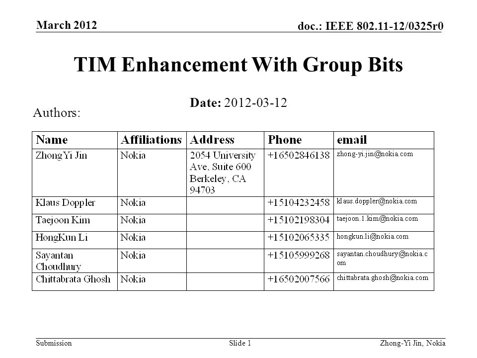 Submission doc.: IEEE /0325r0 March 2012 Slide 1 TIM Enhancement With Group Bits Date: Authors: Zhong-Yi Jin, Nokia